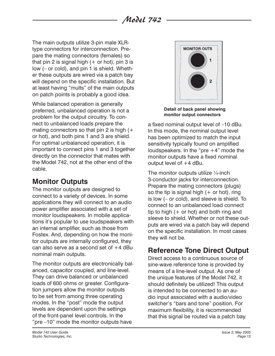 Model 742, Monitor outputs, Reference tone direct output | Studio Technologies 742 2005 User Manual | Page 13 / 31