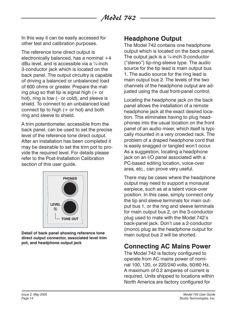 Model 742, Headphone output, Connecting ac mains power | Studio Technologies 742 2005 User Manual | Page 14 / 31
