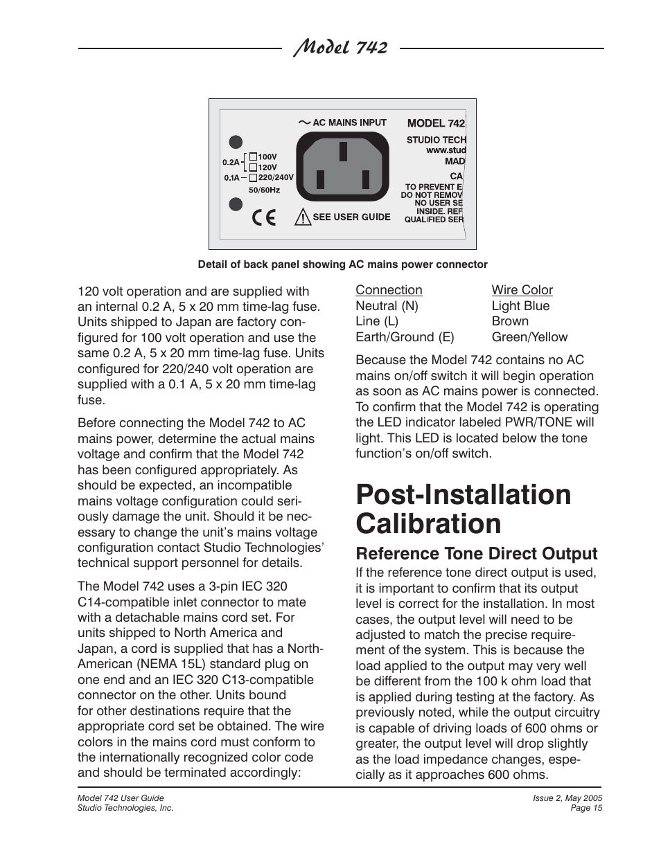 Post-installation calibration, Model 742, Reference tone direct output | Studio Technologies 742 2005 User Manual | Page 15 / 31