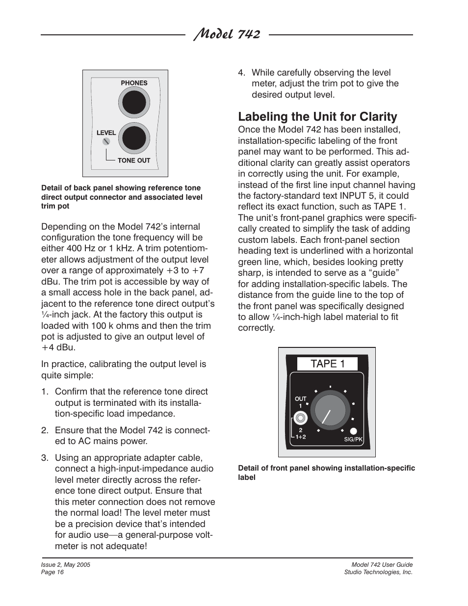 Model 742, Labeling the unit for clarity | Studio Technologies 742 2005 User Manual | Page 16 / 31