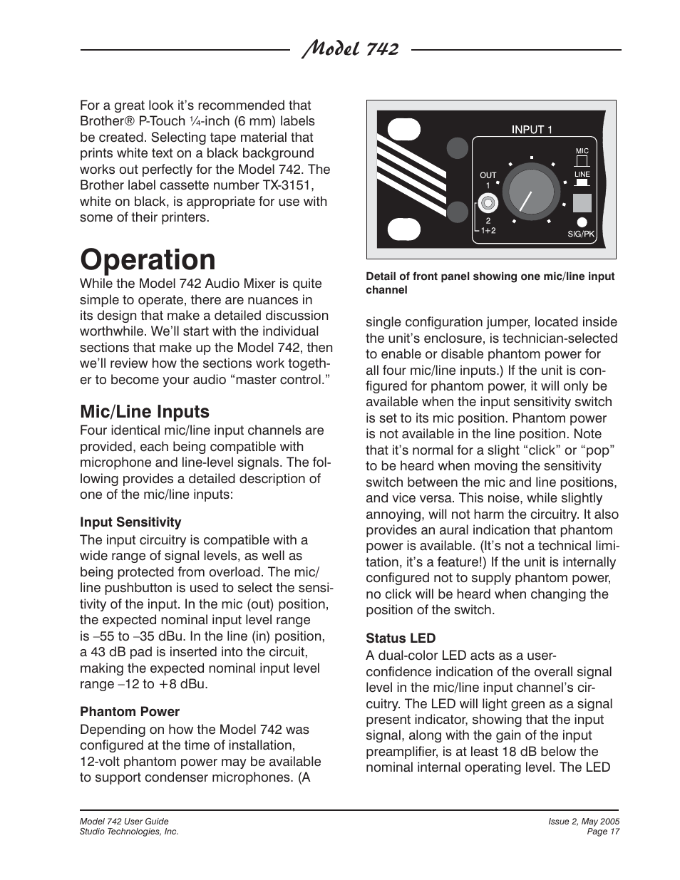 Operation, Model 742, Mic/line inputs | Studio Technologies 742 2005 User Manual | Page 17 / 31