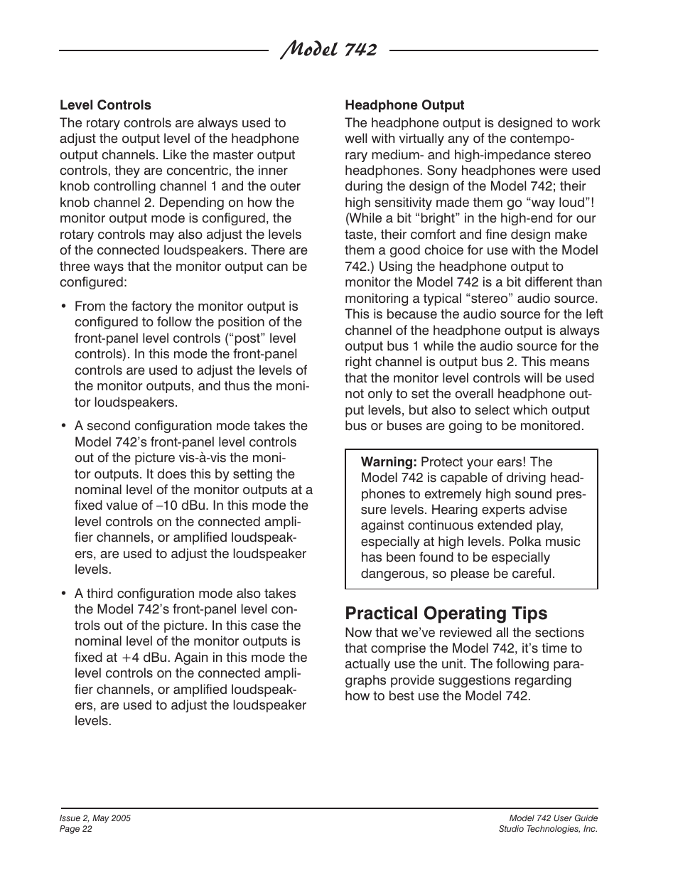 Model 742, Practical operating tips | Studio Technologies 742 2005 User Manual | Page 22 / 31
