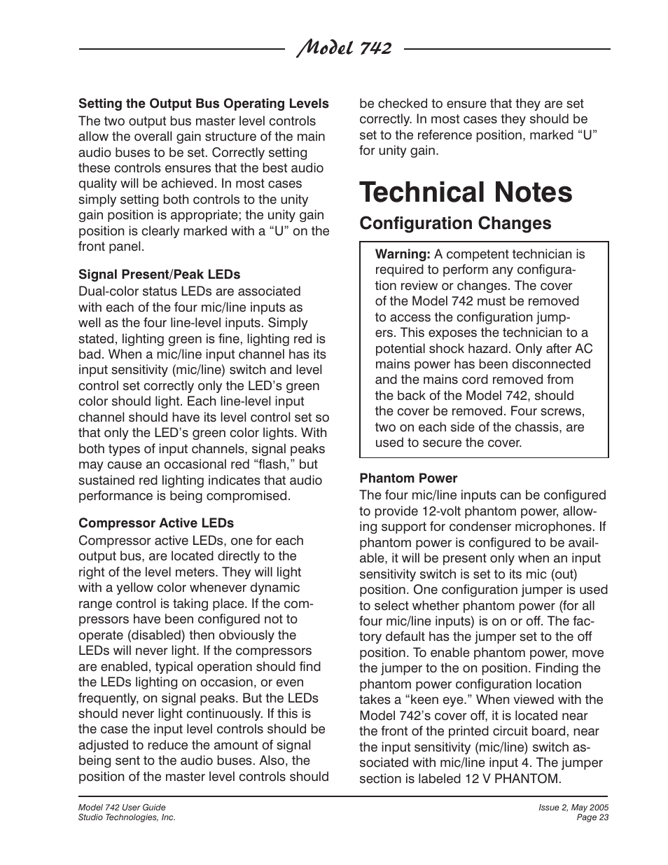 Technical notes, Model 742, Configuration changes | Studio Technologies 742 2005 User Manual | Page 23 / 31