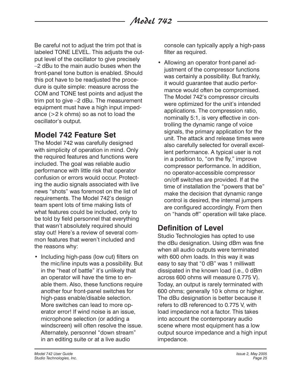 Model 742, Model 742 feature set, Definition of level | Studio Technologies 742 2005 User Manual | Page 25 / 31