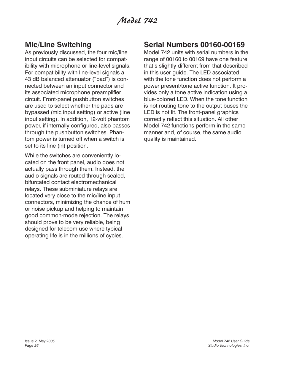 Model 742, Mic/line switching | Studio Technologies 742 2005 User Manual | Page 26 / 31