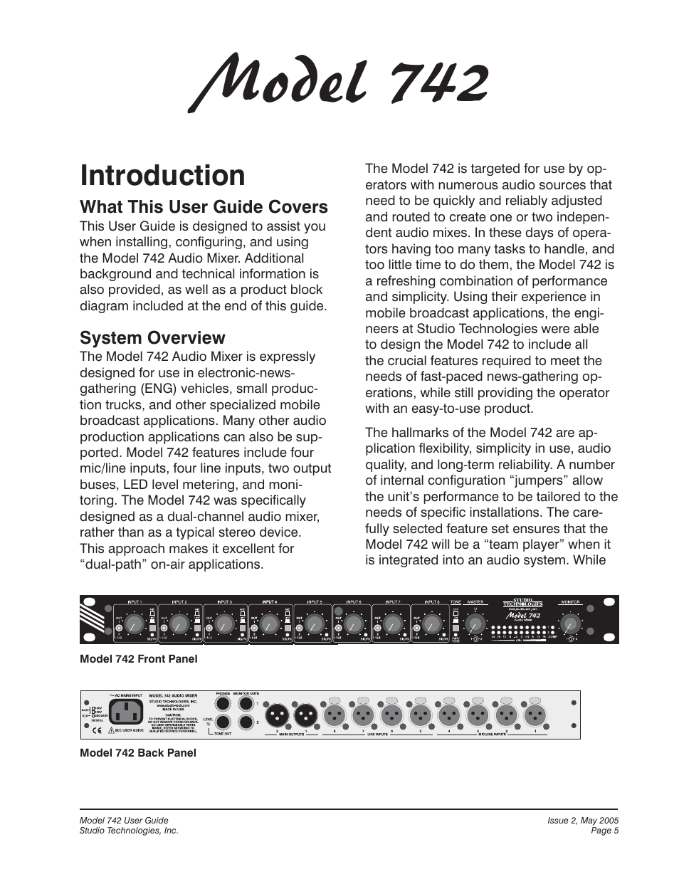 Introduction, Model 742 | Studio Technologies 742 2005 User Manual | Page 5 / 31