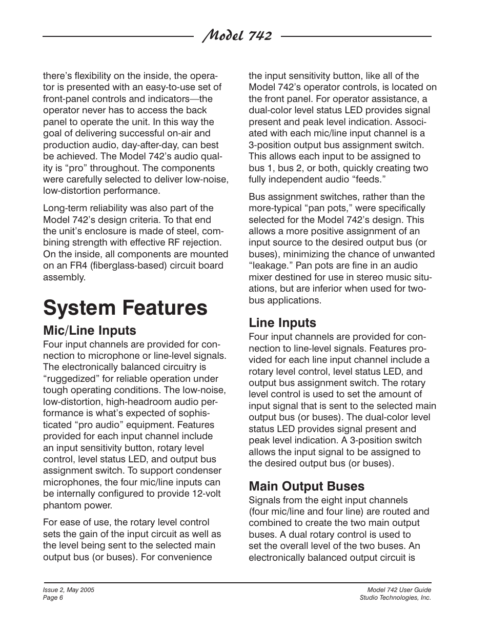 System features, Model 742, Mic/line inputs | Line inputs, Main output buses | Studio Technologies 742 2005 User Manual | Page 6 / 31