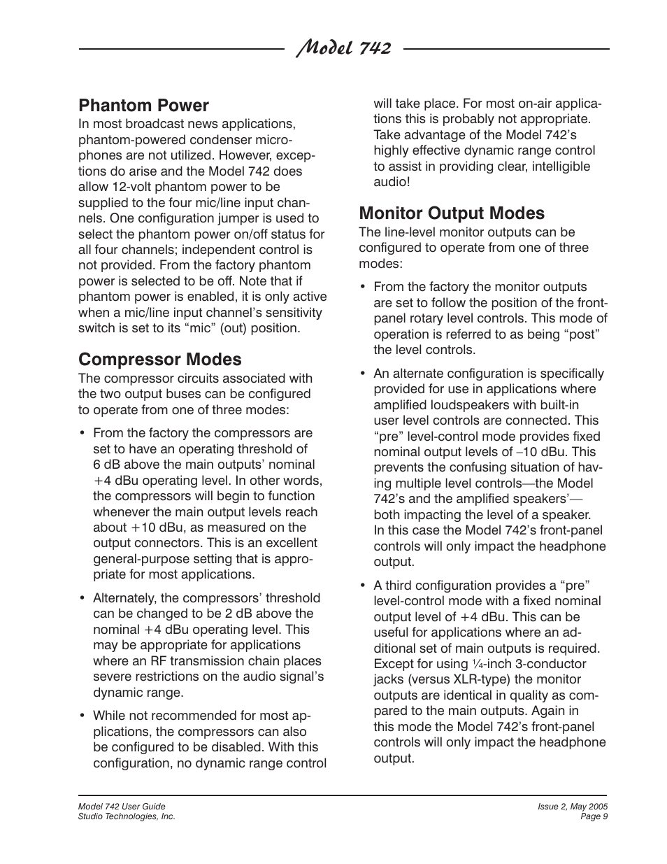 Model 742, Phantom power, Compressor modes | Monitor output modes | Studio Technologies 742 2005 User Manual | Page 9 / 31