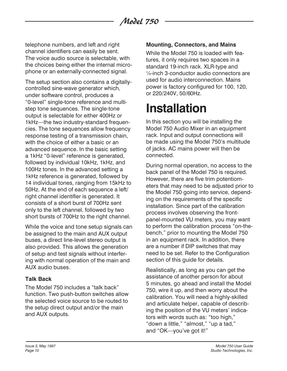 Installation, Model 750 | Studio Technologies 750 User Manual | Page 10 / 49