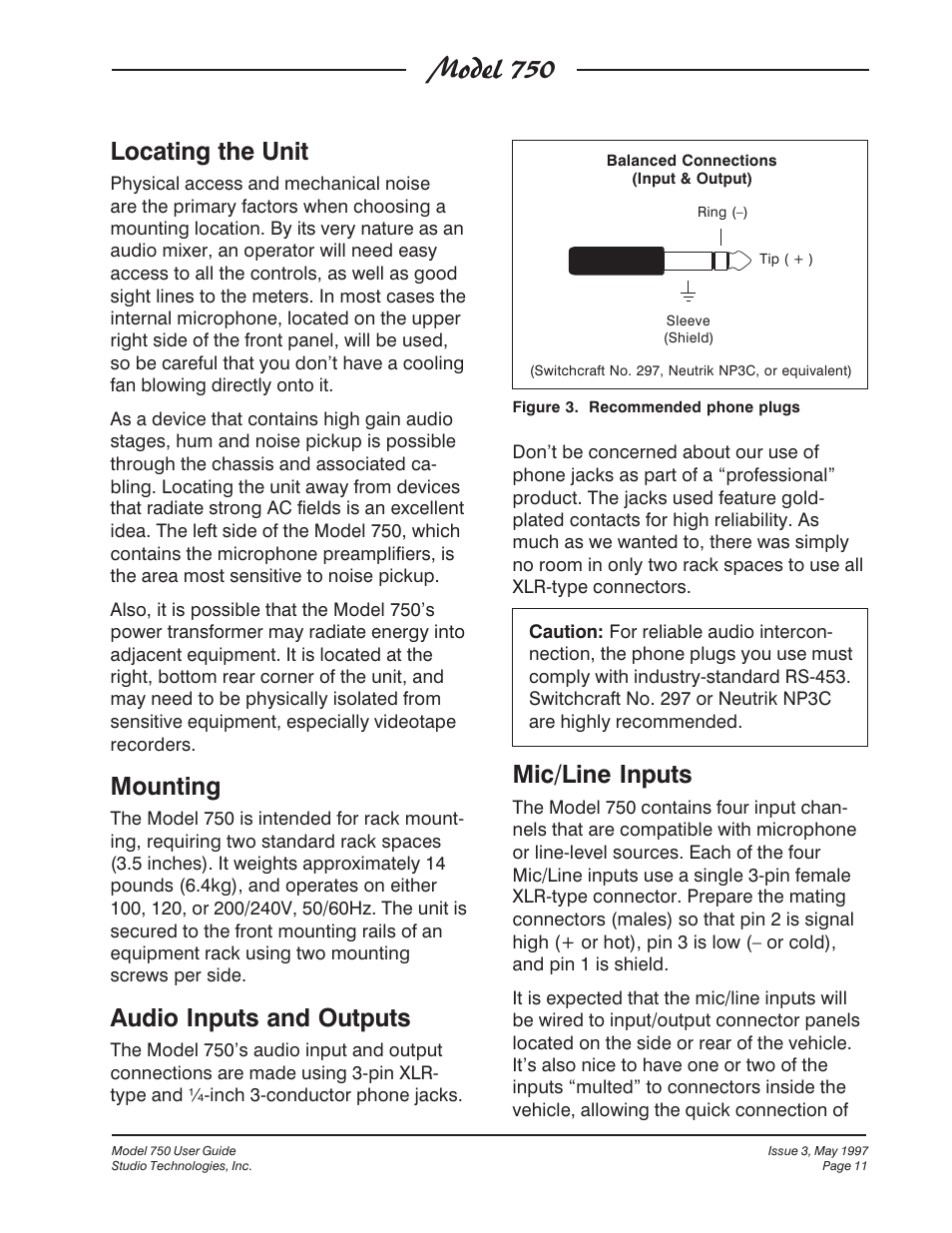 Model 750, Locating the unit, Mounting | Audio inputs and outputs, Mic/line inputs | Studio Technologies 750 User Manual | Page 11 / 49