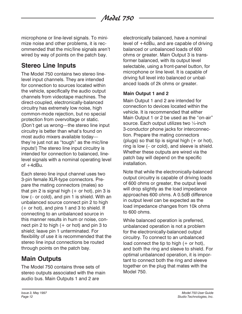 Model 750, Stereo line inputs, Main outputs | Studio Technologies 750 User Manual | Page 12 / 49