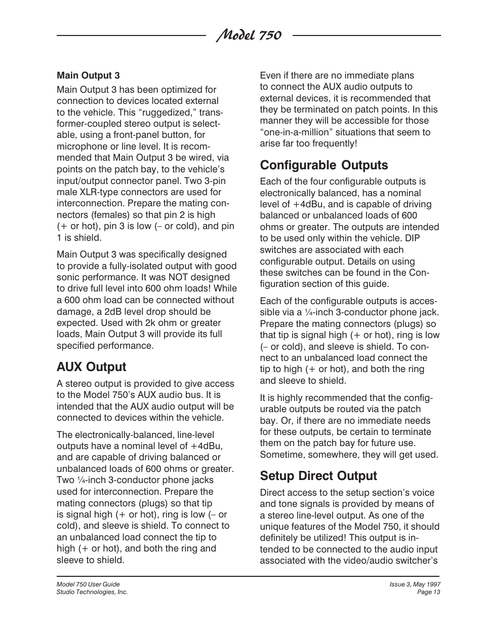 Model 750, Configurable outputs, Setup direct output | Aux output | Studio Technologies 750 User Manual | Page 13 / 49