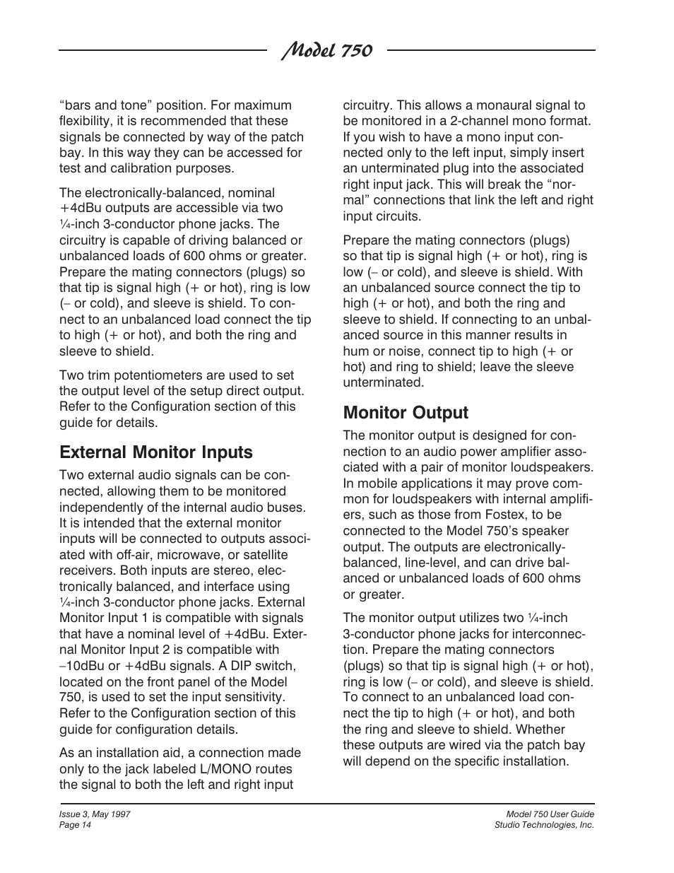Model 750, External monitor inputs, Monitor output | Studio Technologies 750 User Manual | Page 14 / 49
