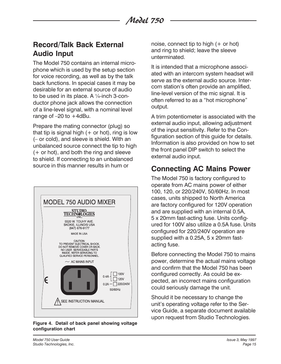 Model 750, Record/talk back external audio input, Connecting ac mains power | Studio Technologies 750 User Manual | Page 15 / 49