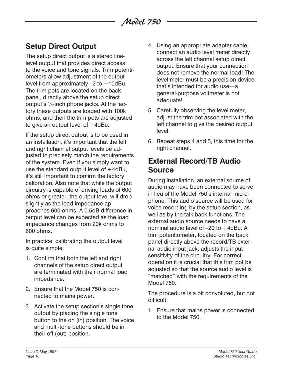 Model 750, Setup direct output, External record/tb audio source | Studio Technologies 750 User Manual | Page 18 / 49