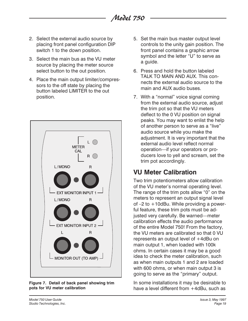 Model 750, Vu meter calibration | Studio Technologies 750 User Manual | Page 19 / 49