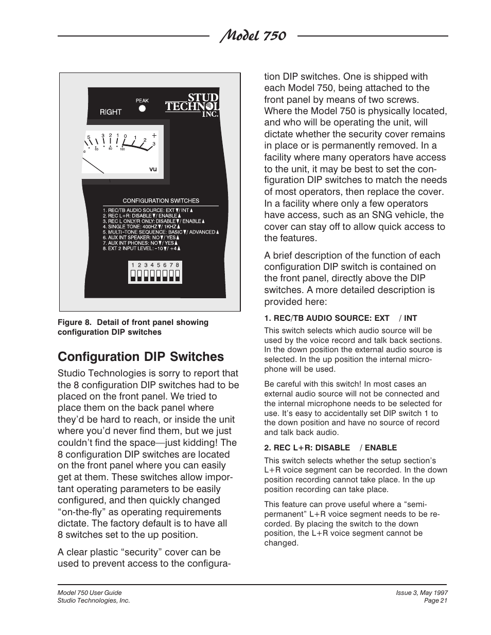 Model 750, Configuration dip switches | Studio Technologies 750 User Manual | Page 21 / 49
