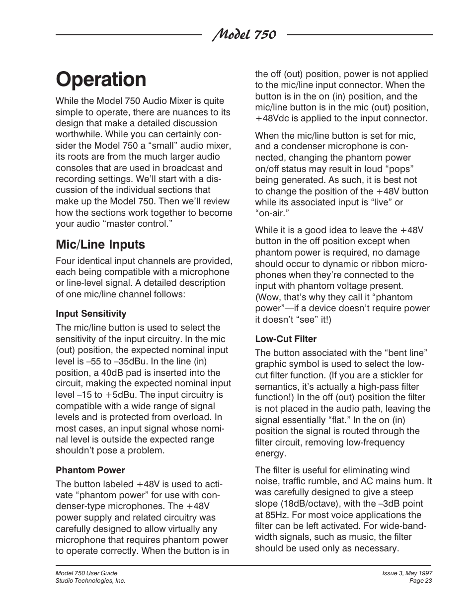 Operation, Model 750, Mic/line inputs | Studio Technologies 750 User Manual | Page 23 / 49