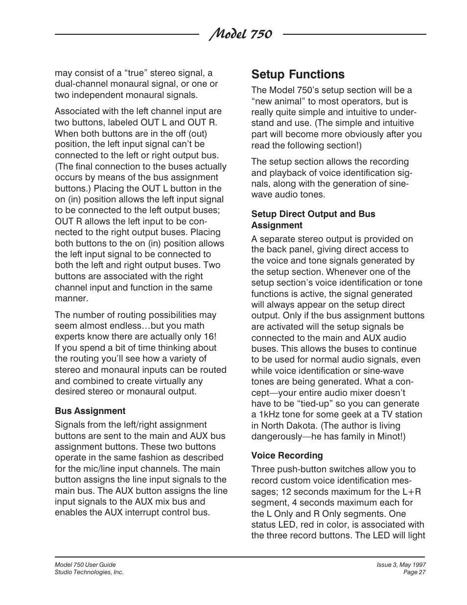 Model 750, Setup functions | Studio Technologies 750 User Manual | Page 27 / 49