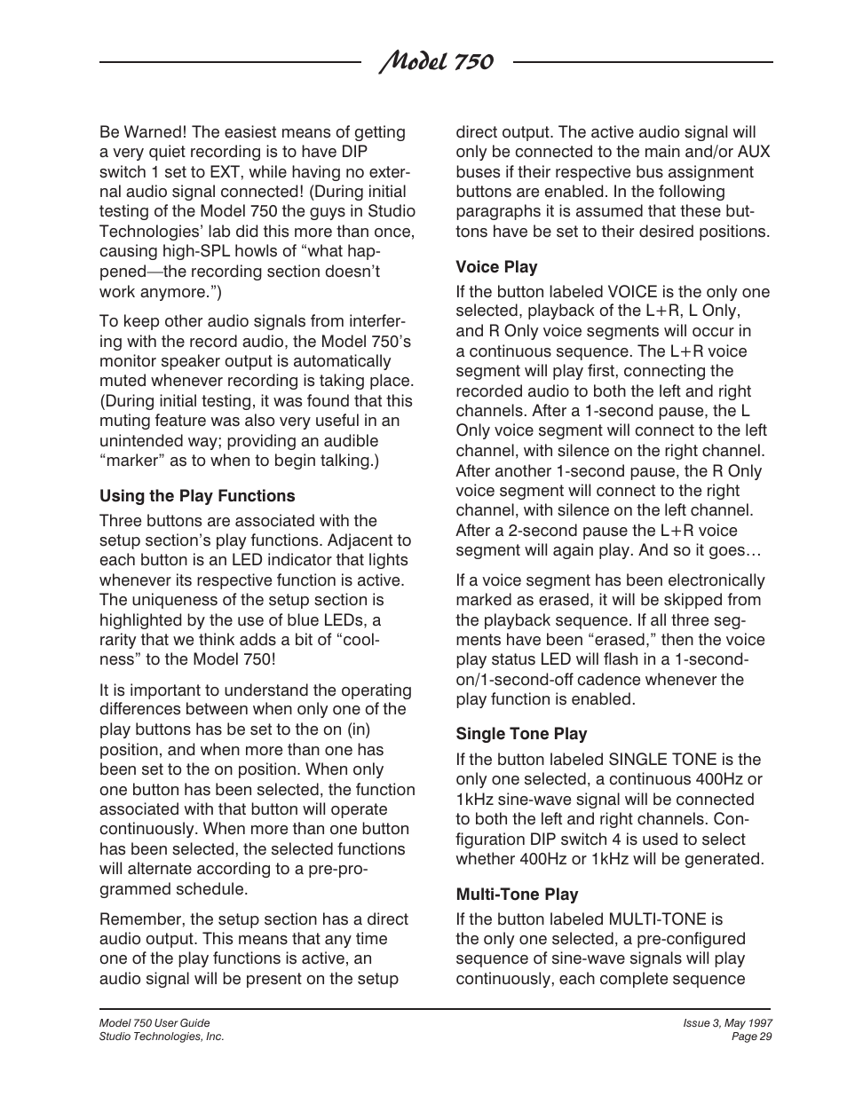 Model 750 | Studio Technologies 750 User Manual | Page 29 / 49