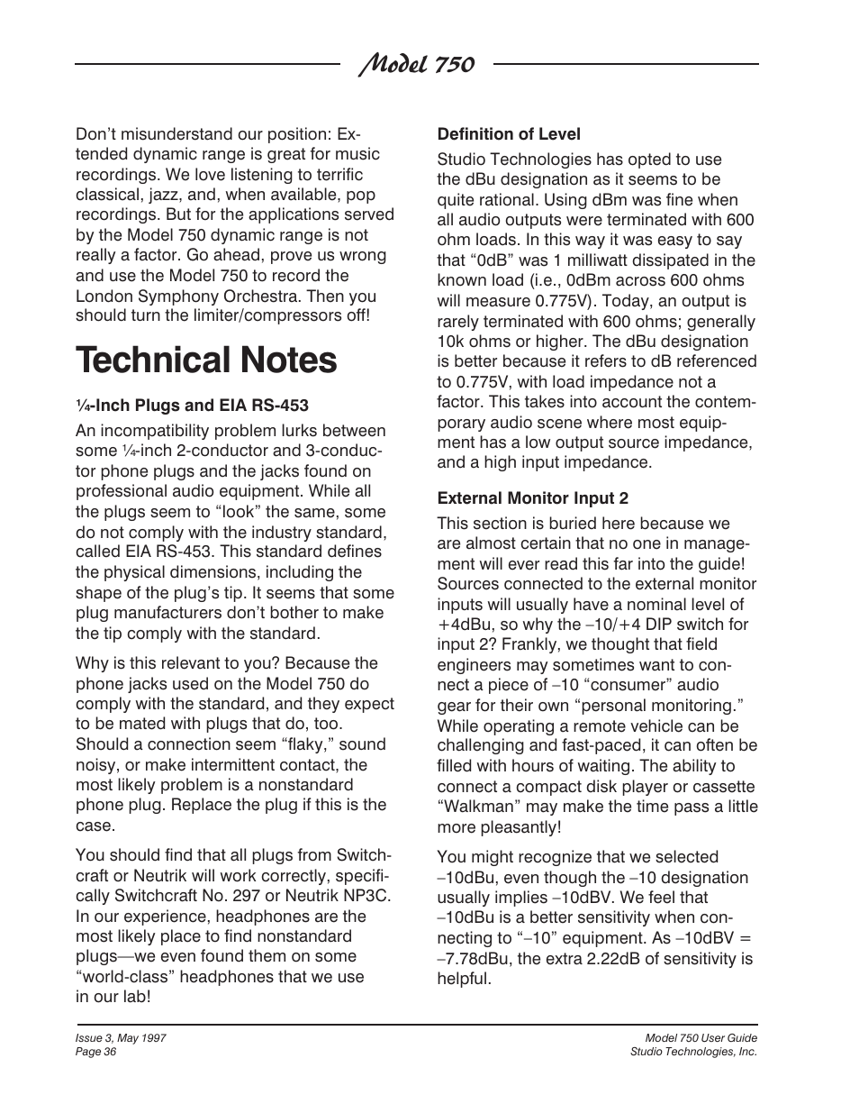 Technical notes, Model 750 | Studio Technologies 750 User Manual | Page 36 / 49