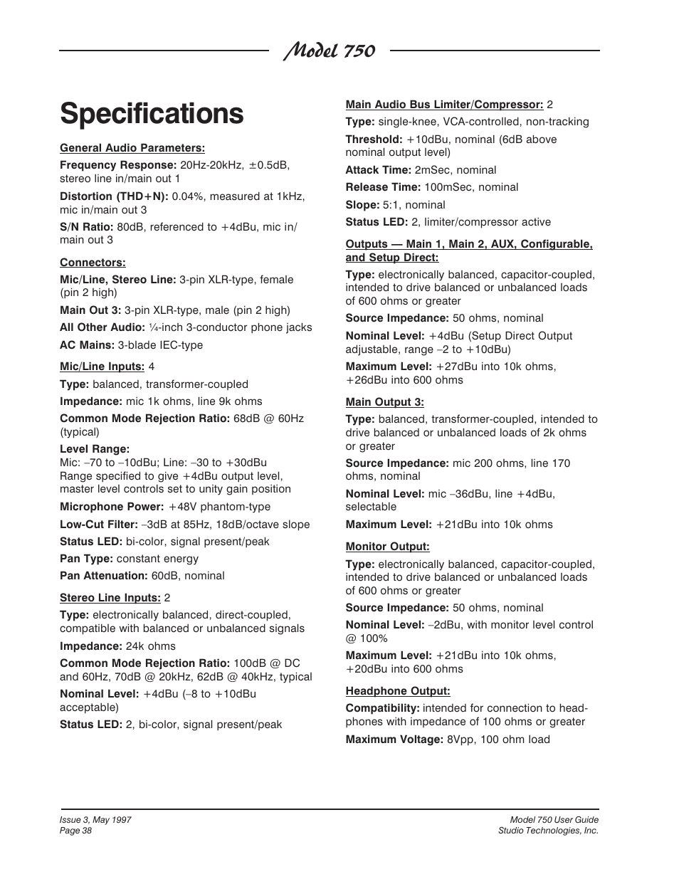 Specifications, Model 750 | Studio Technologies 750 User Manual | Page 38 / 49