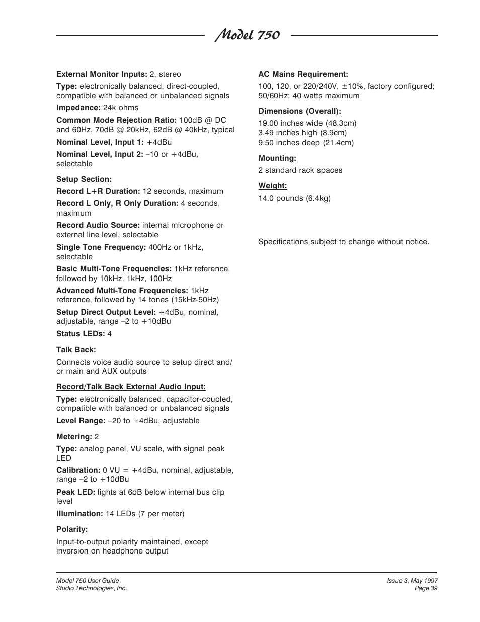 Model 750 | Studio Technologies 750 User Manual | Page 39 / 49