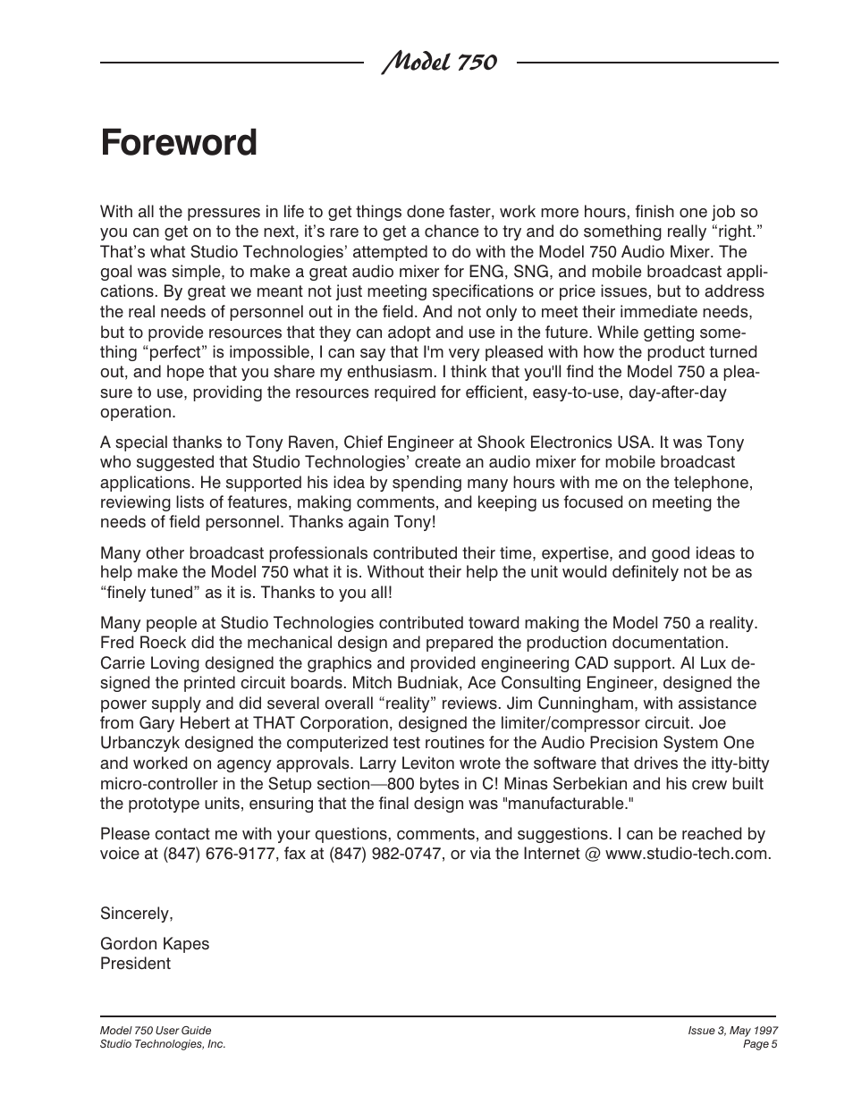 Foreword, Model 750 | Studio Technologies 750 User Manual | Page 5 / 49
