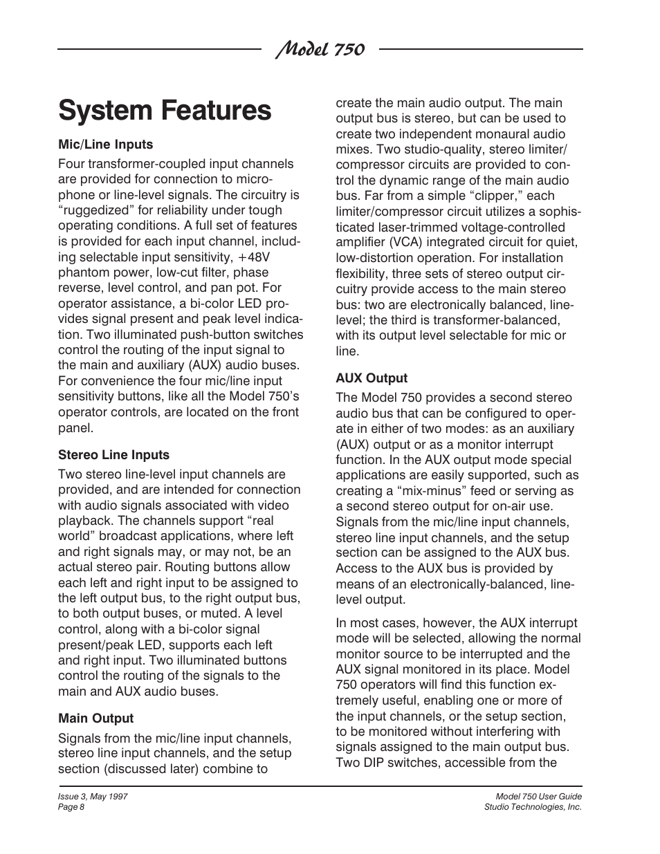 System features, Model 750 | Studio Technologies 750 User Manual | Page 8 / 49