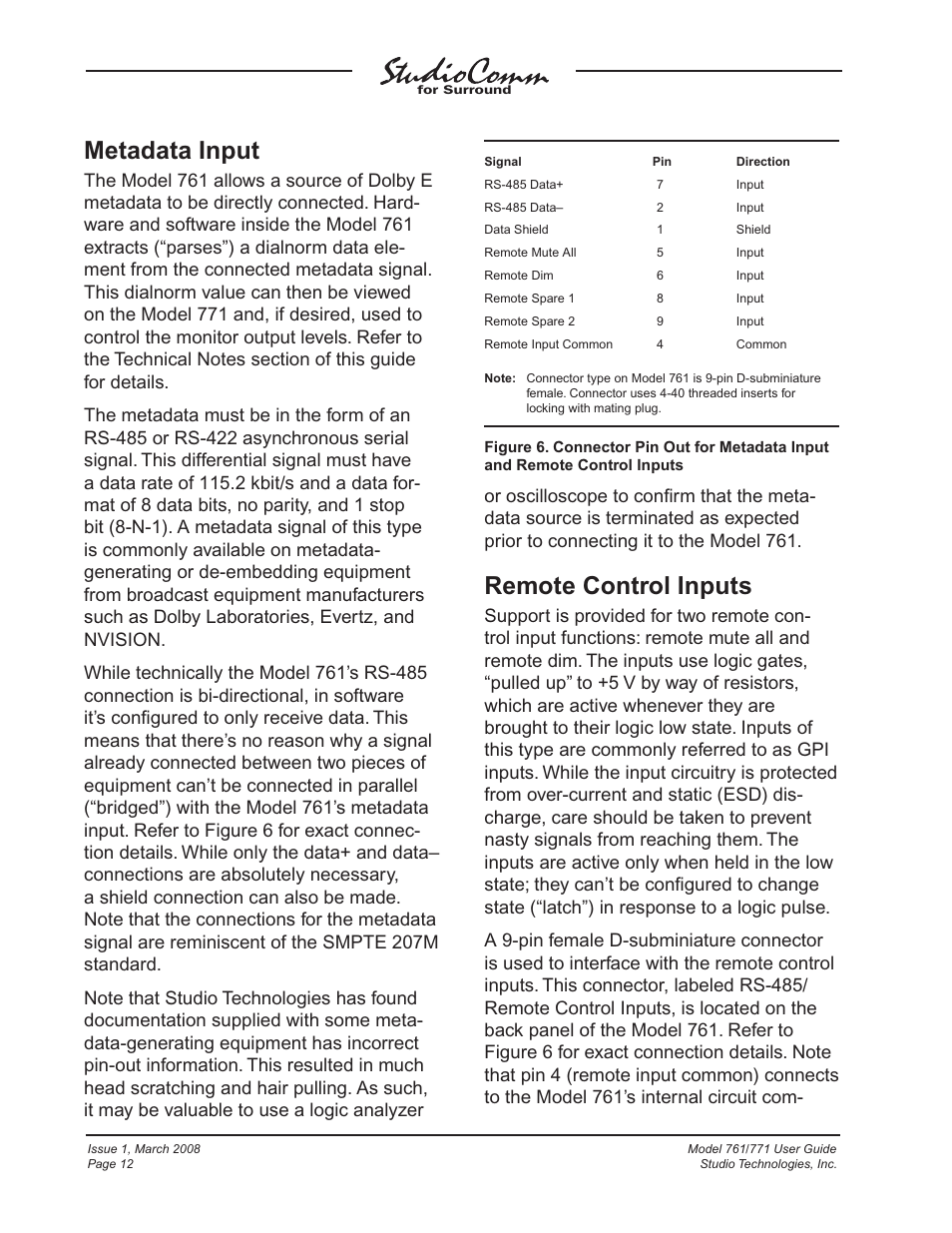 Metadata input, Remote control inputs | Studio Technologies 761 User Manual | Page 12 / 41