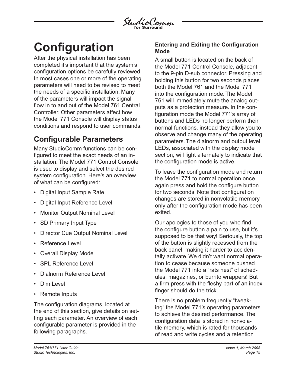 Configuration, Confi guration, Confi gurable parameters | Studio Technologies 761 User Manual | Page 15 / 41