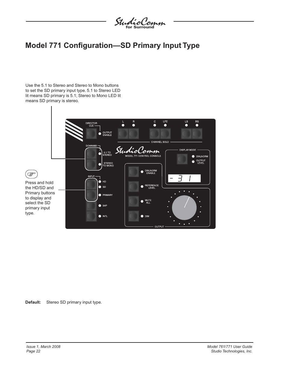 Model 771 confi guration—sd primary input type | Studio Technologies 761 User Manual | Page 22 / 41