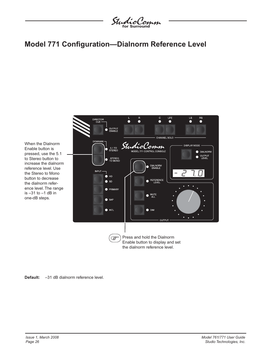 Model 771 confi guration—dialnorm reference level | Studio Technologies 761 User Manual | Page 26 / 41