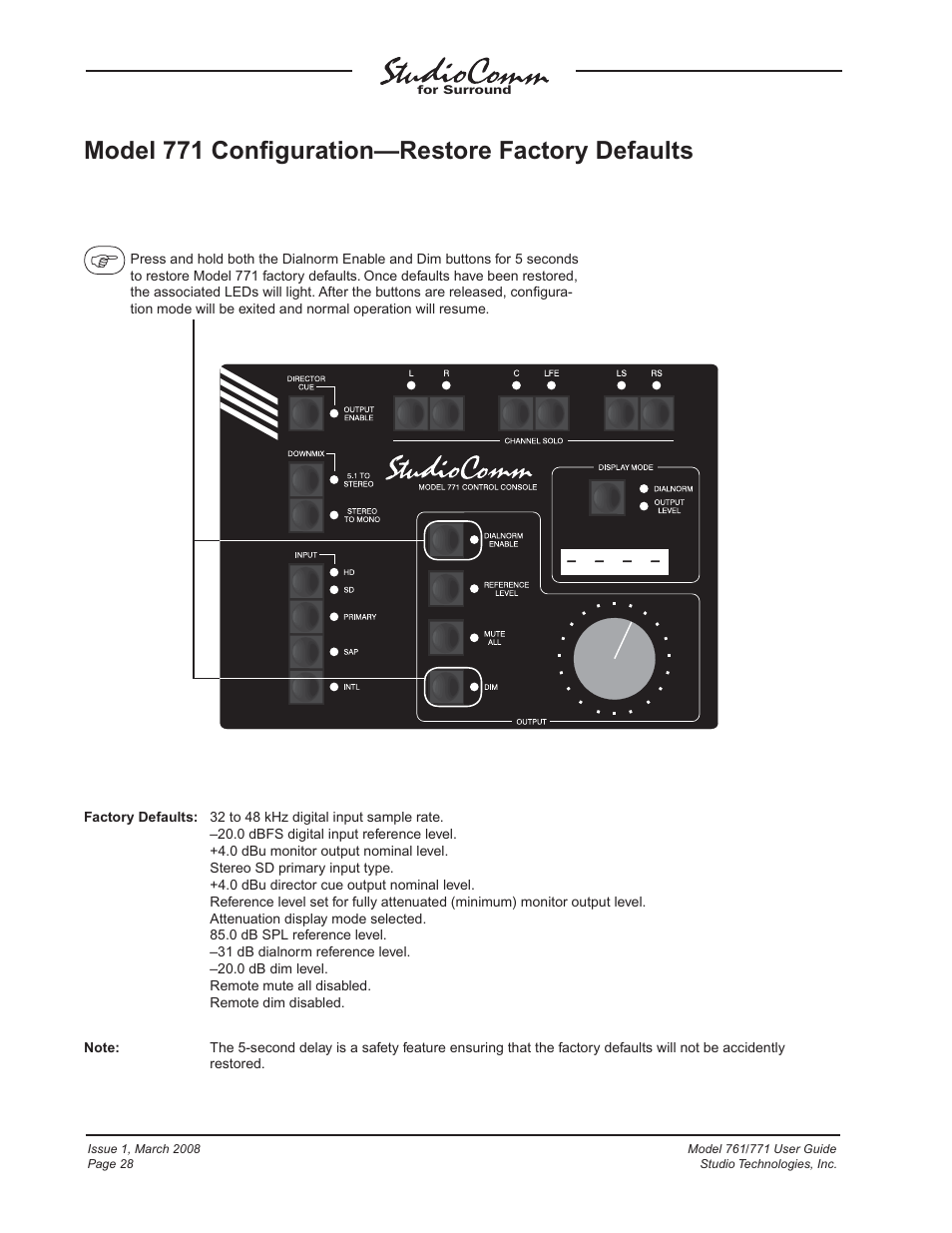 Model 771 confi guration—restore factory defaults | Studio Technologies 761 User Manual | Page 28 / 41