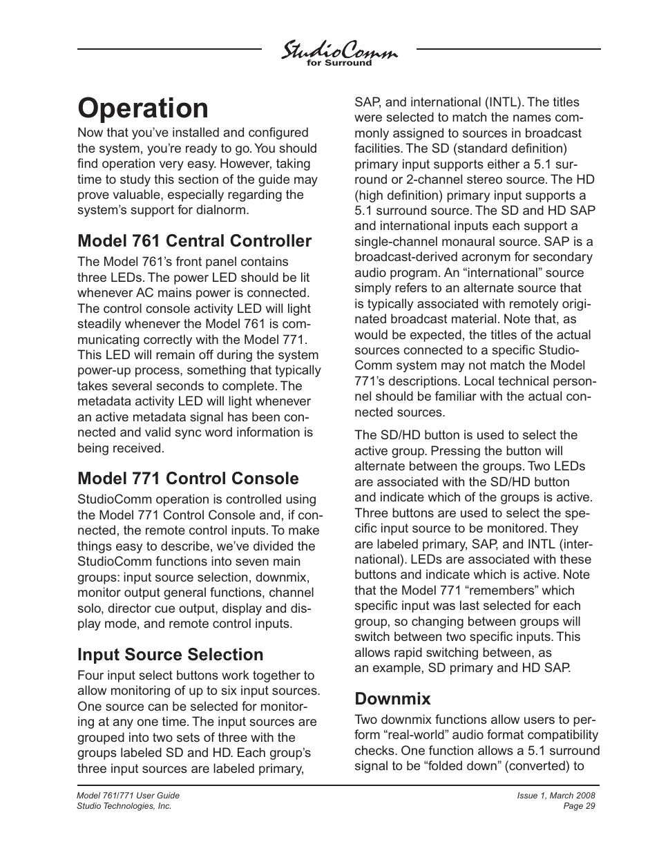 Operation, Model 761 central controller, Model 771 control console | Input source selection, Downmix | Studio Technologies 761 User Manual | Page 29 / 41