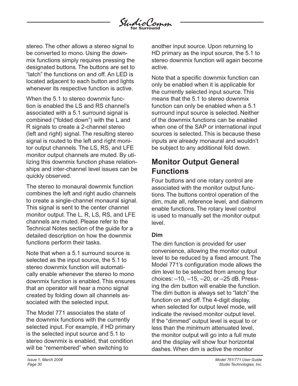 Monitor output general functions | Studio Technologies 761 User Manual | Page 30 / 41