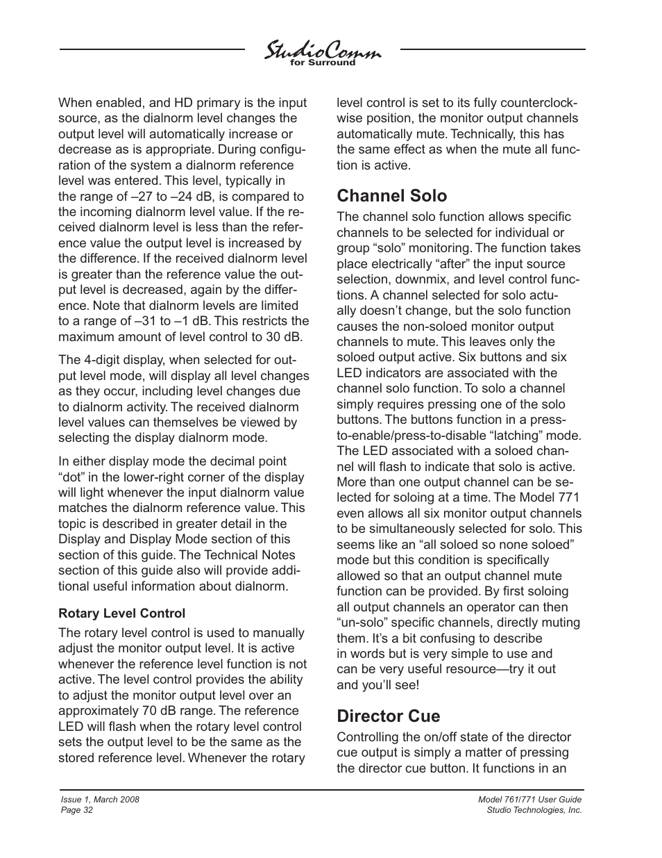 Channel solo, Director cue | Studio Technologies 761 User Manual | Page 32 / 41