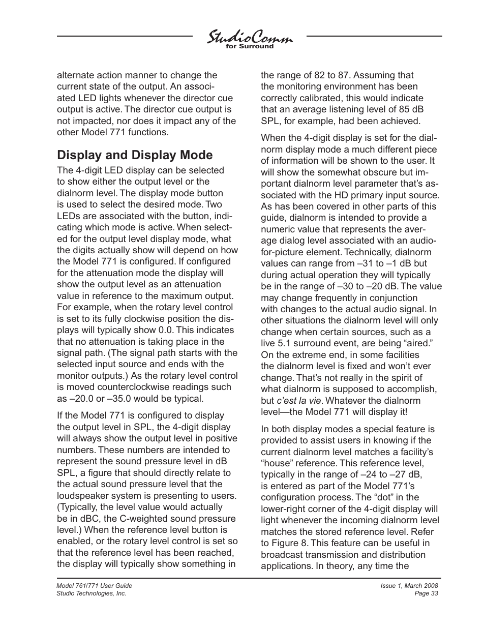 Display and display mode | Studio Technologies 761 User Manual | Page 33 / 41