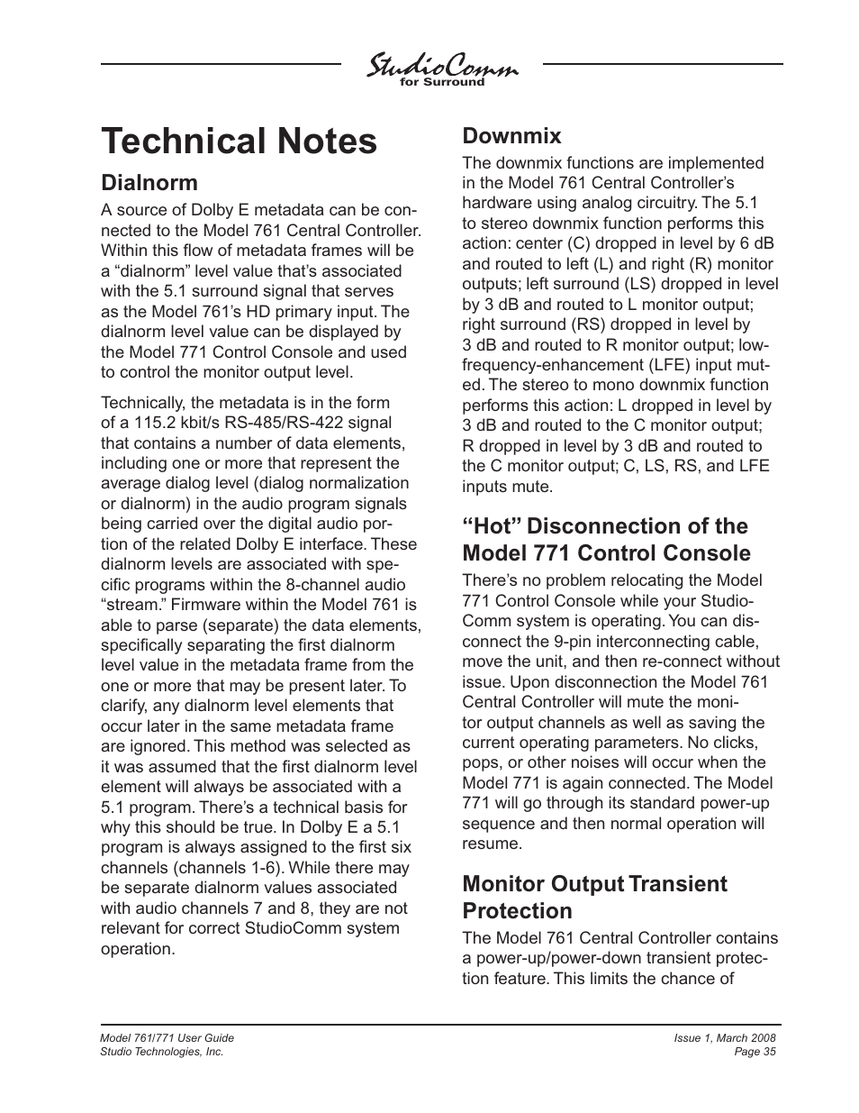 Technical notes, Dialnorm, Downmix | Monitor output transient protection | Studio Technologies 761 User Manual | Page 35 / 41