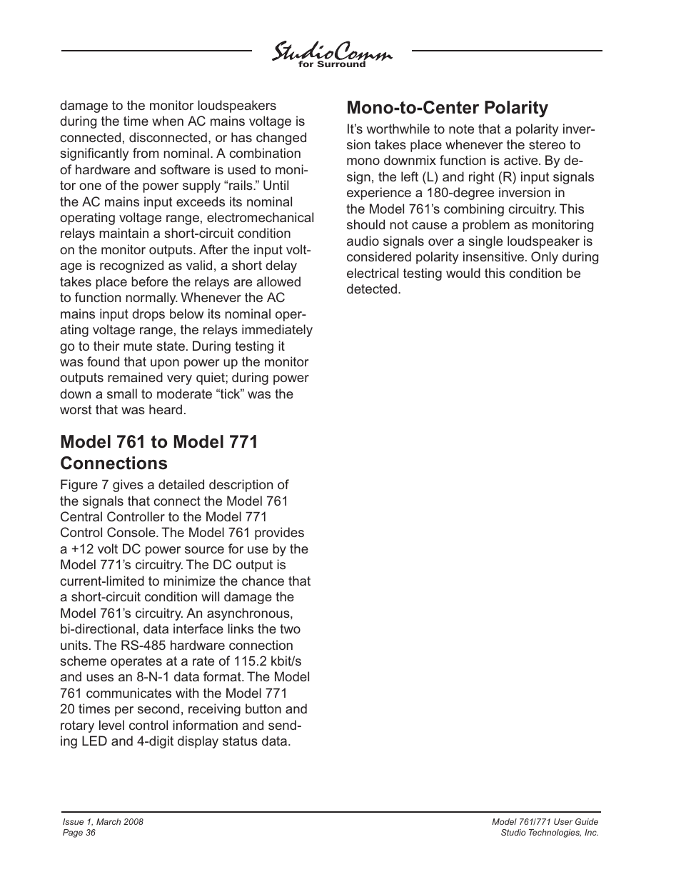 Mono-to-center polarity | Studio Technologies 761 User Manual | Page 36 / 41