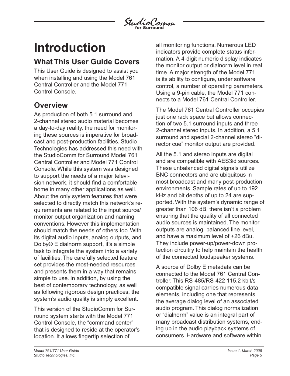 Introduction, What this user guide covers, Overview | Studio Technologies 761 User Manual | Page 5 / 41