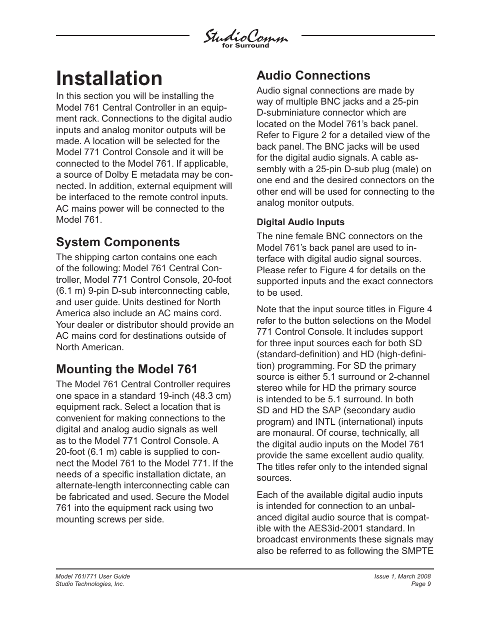 Installation, System components, Mounting the model 761 | Audio connections | Studio Technologies 761 User Manual | Page 9 / 41