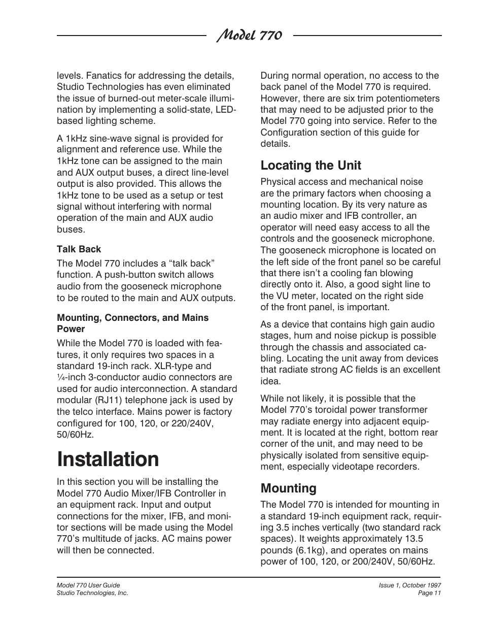 Installation, Model 770, Locating the unit | Mounting | Studio Technologies 770 User Manual | Page 11 / 53