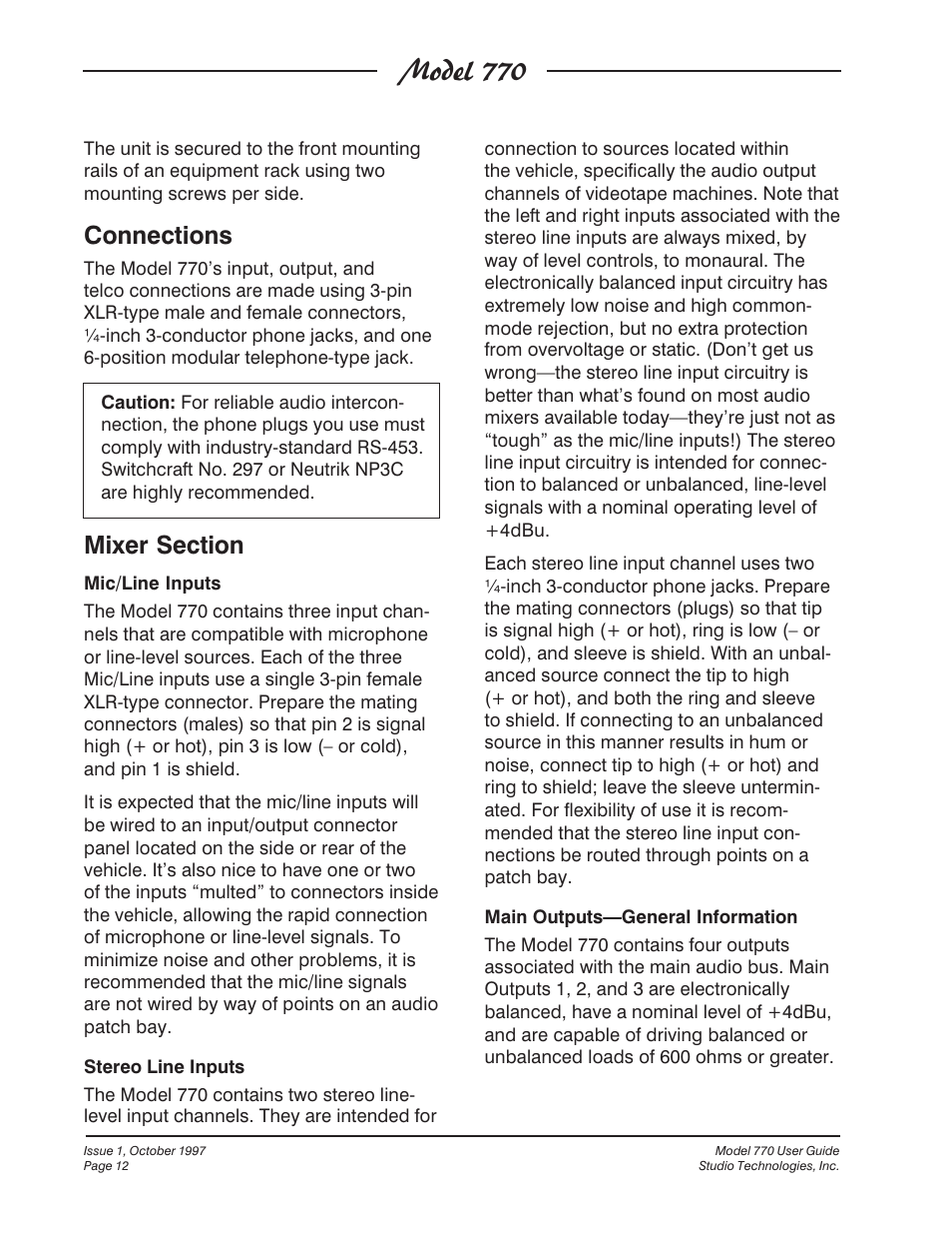 Model 770, Connections | Studio Technologies 770 User Manual | Page 12 / 53
