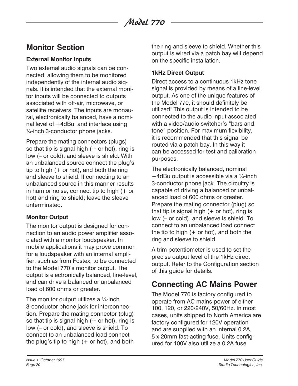 Model 770, Connecting ac mains power | Studio Technologies 770 User Manual | Page 20 / 53