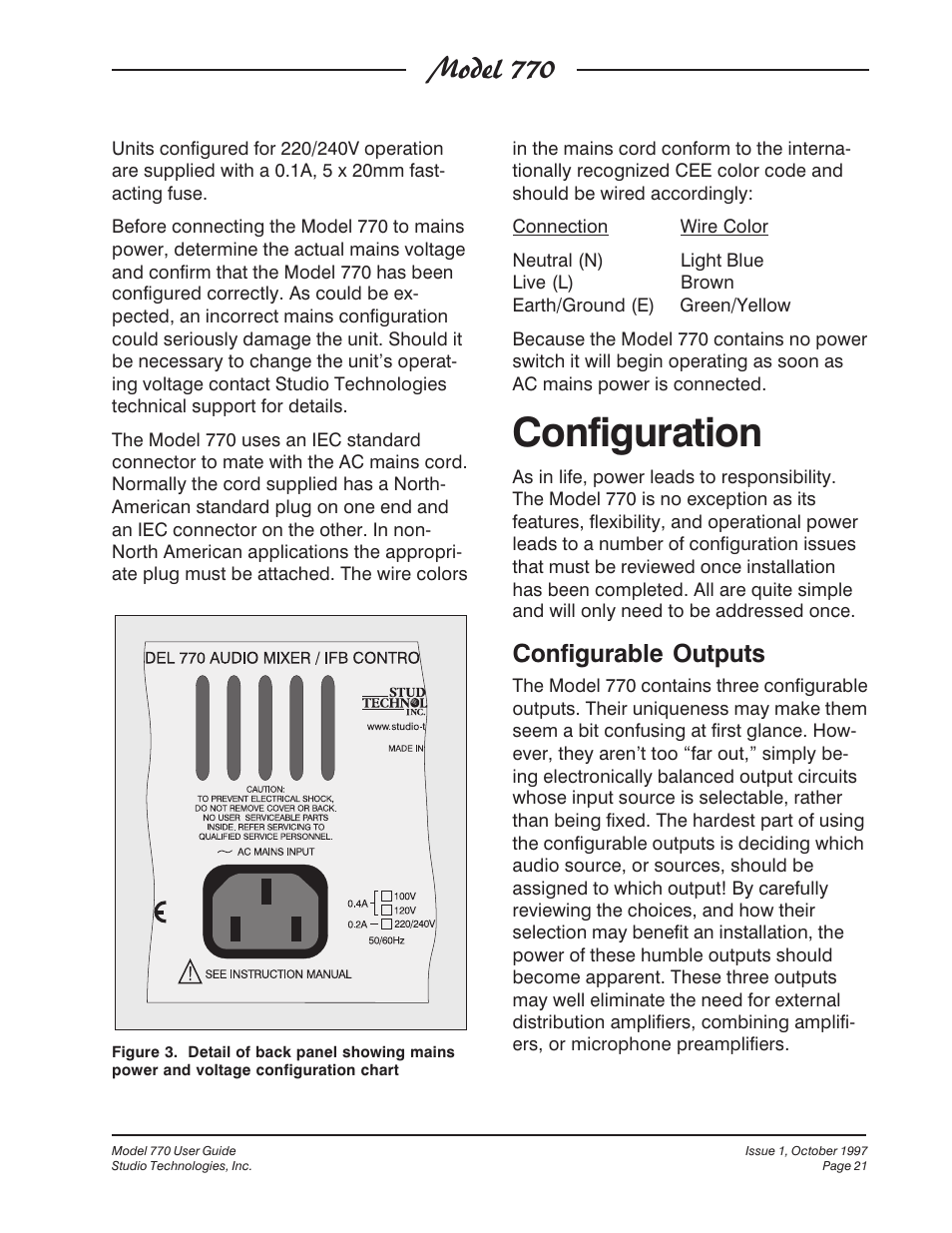 Configuration, Model 770, Configurable outputs | Studio Technologies 770 User Manual | Page 21 / 53