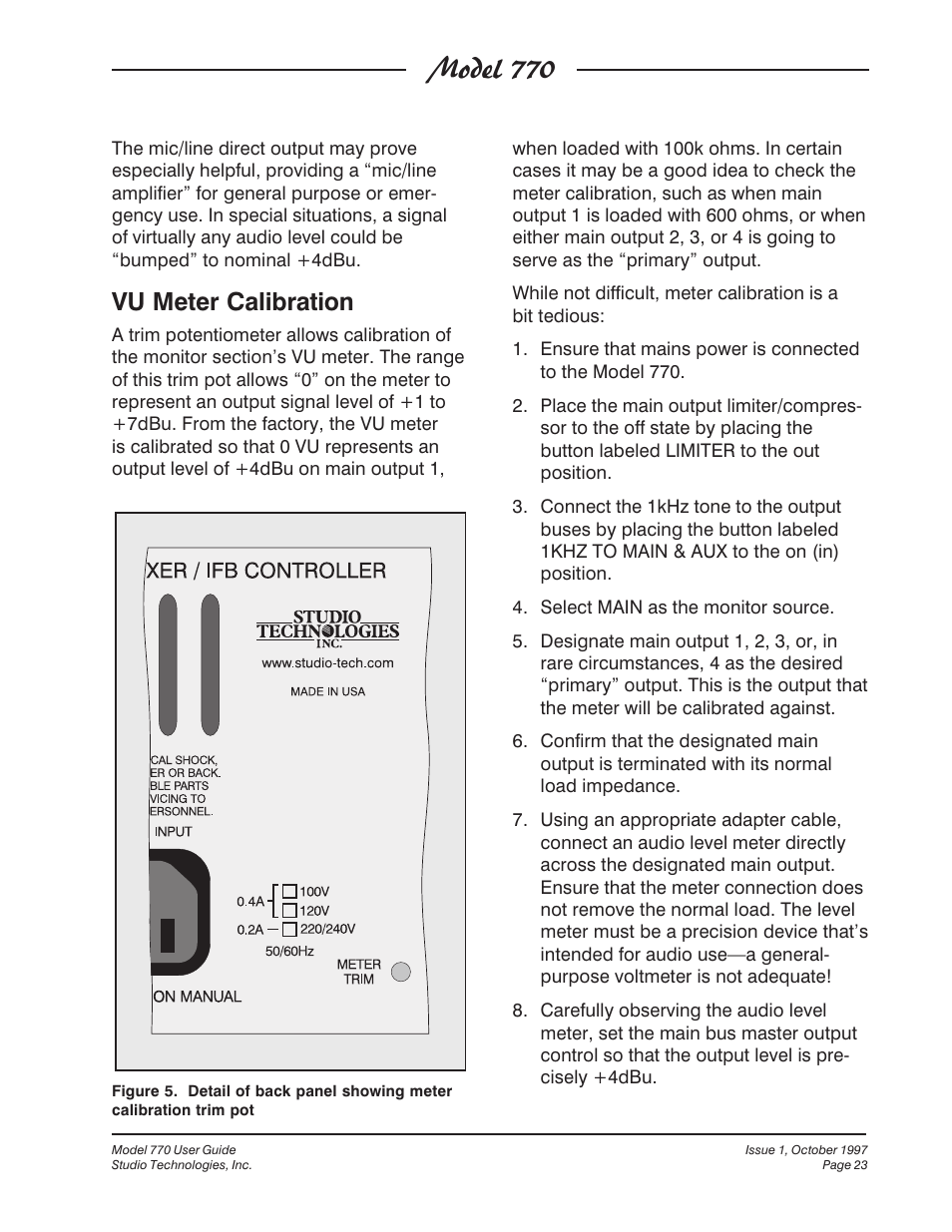 Model 770, Vu meter calibration | Studio Technologies 770 User Manual | Page 23 / 53
