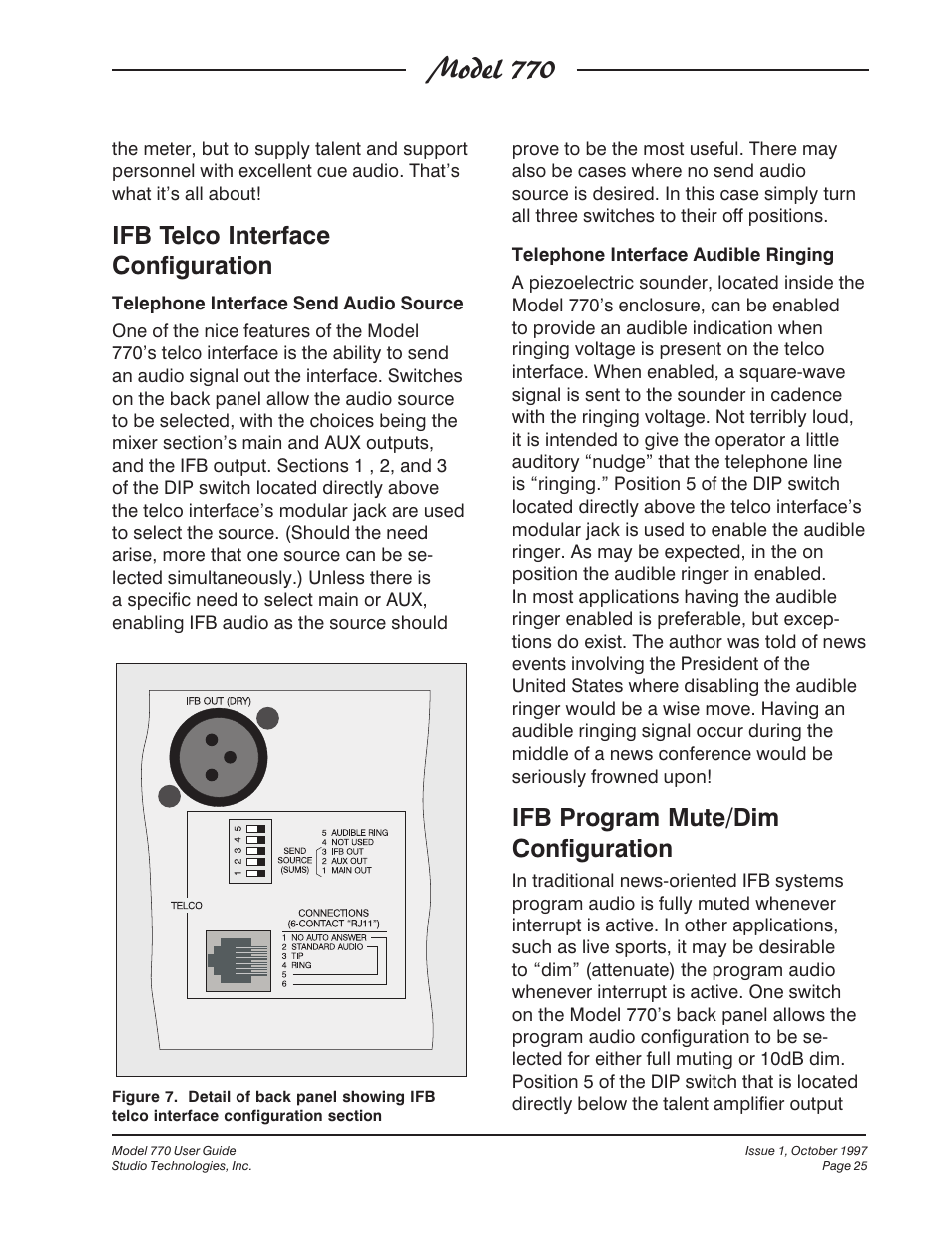 Model 770, Ifb telco interface configuration, Ifb program mute/dim configuration | Studio Technologies 770 User Manual | Page 25 / 53