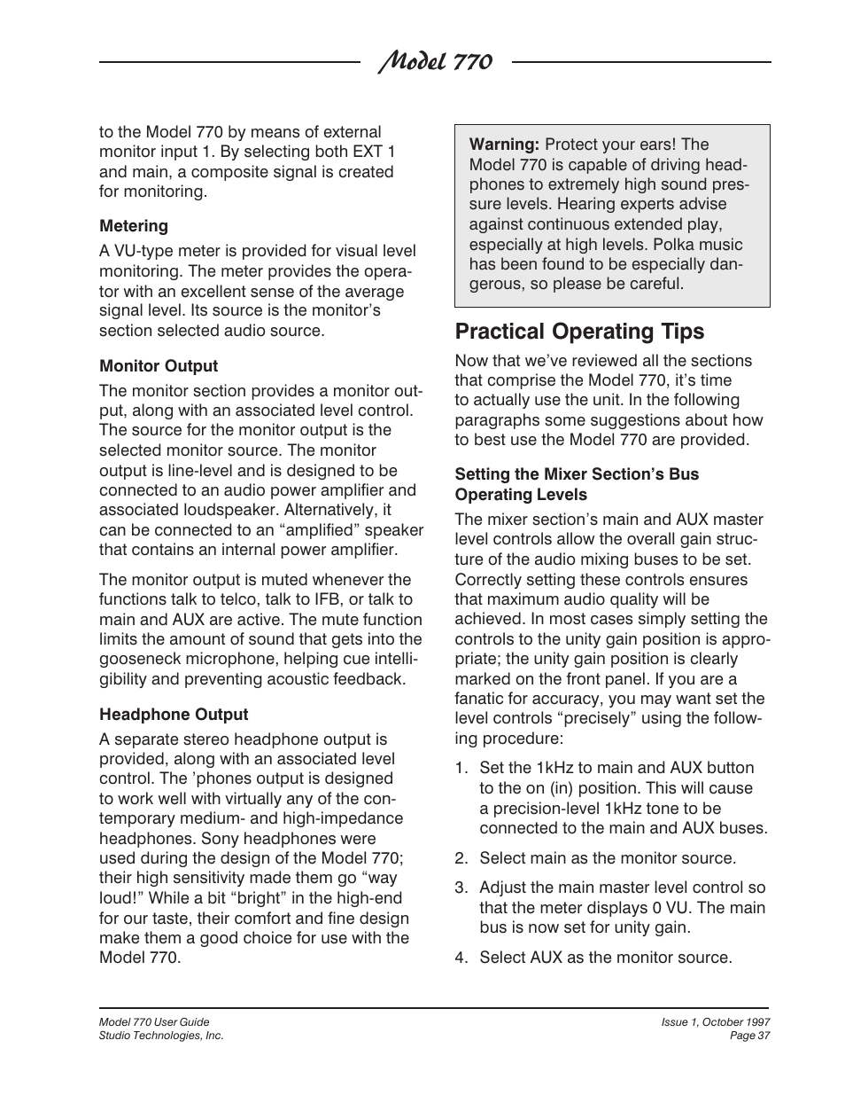Model 770, Practical operating tips | Studio Technologies 770 User Manual | Page 37 / 53