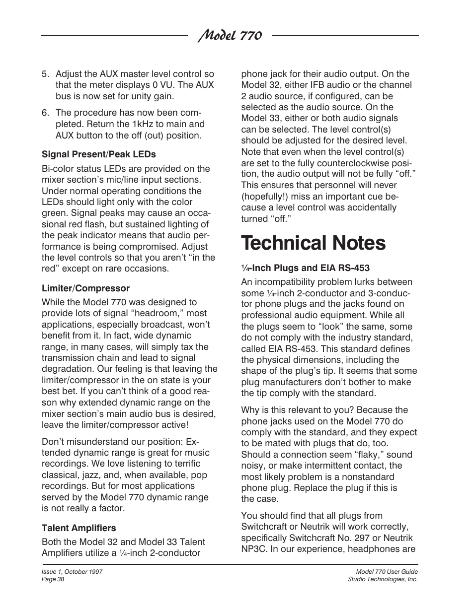 Technical notes, Model 770 | Studio Technologies 770 User Manual | Page 38 / 53